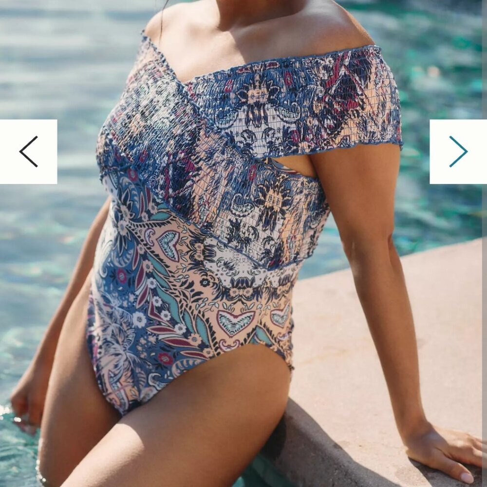 Anthropologie Off Shoulder Smocked Swimsuit  Size L